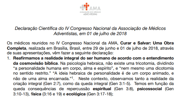 Declaração Científica do IV Congresso Nacional da Associação de Médicos Adventistas